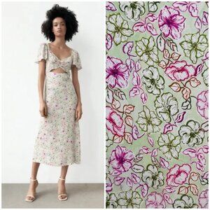 ZARA Floral Cut-Out Midi Length Dress in Green & Pink XS